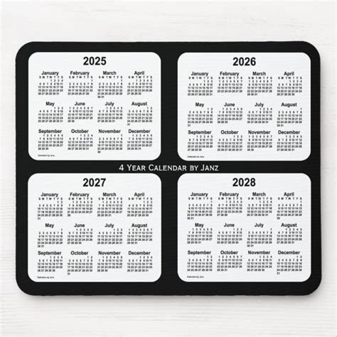 2025 2028 Black And White 4 Year Calendar By Janz Mouse Pad