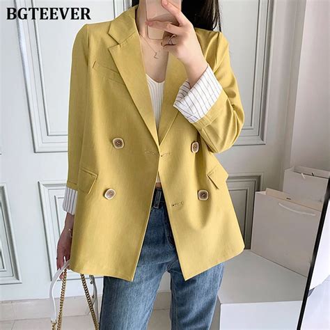 Yellow Women Blazer Pockets Double Breasted Full Sleeve Female Suit