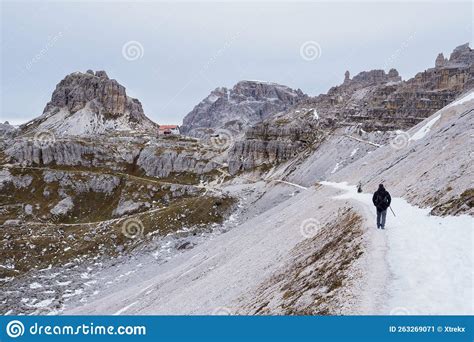 Tourist At Tre Cime Di Lavaredo Track On Winter Season National Park