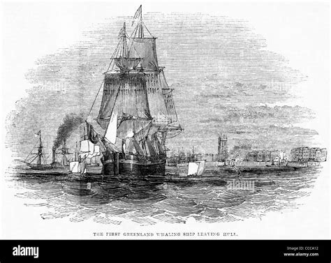 Victorian Engraving Circa 1844 Of Whaling Ship Leaving The Port Of Hull