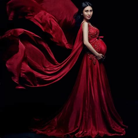 Pregnancy Wedding Dress Fancy Photo Shoot Clothing V Neck Red Maternity Dress Pregnant