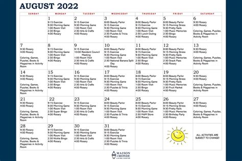 Maison Du Monde Living Center August Activity Calendar