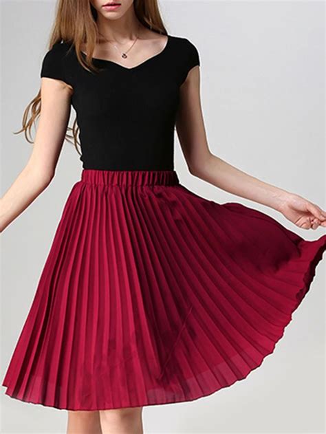 Plain Elastic Waist Pleated Midi Skirt