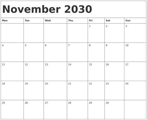 November 2030 Calendar Template