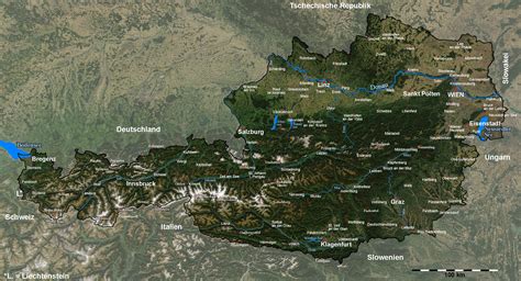 Österreich ist ein landumschlossenes land in zentraleuropa und grenzt an deutschland, ungarn, slowakei, slowenien, italien, die schweiz. Landkarte von Oesterreich (Satellitenphoto) : Weltkarte ...
