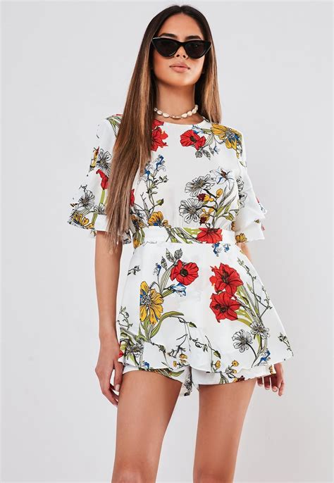 White Floral Frill Sleeve Playsuit Missguided White Playsuit Frill
