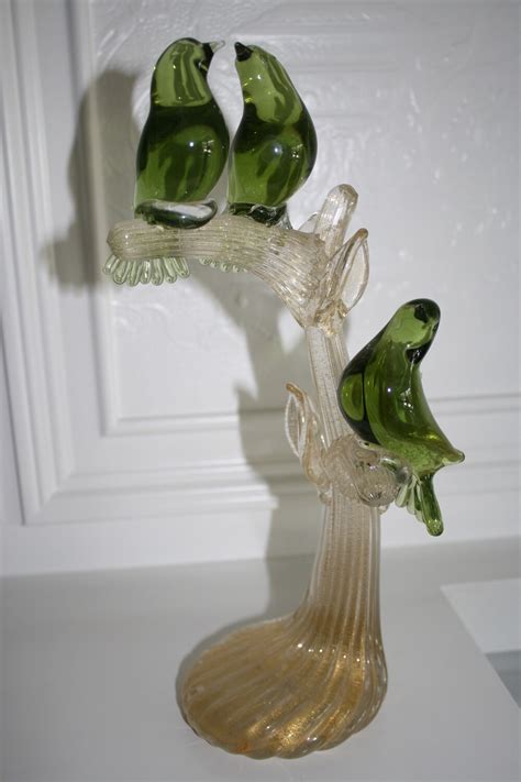 Midcentury Formia Vetri Di Murano Green Glass Birds Perching Sculpture