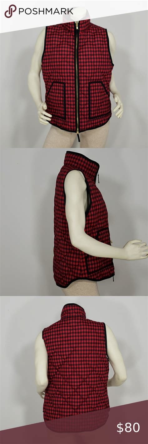 Jcrew Excursion Checks Quilted Down Puffer Vest L Red Black