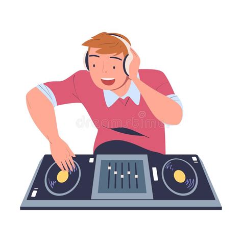 Male Club Dj Playing Music At Console Mixer Man Musician In Headphones