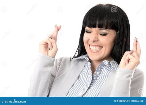 Determined Hopeful Confident Wishful Woman Fingers Crossed Stock Photos