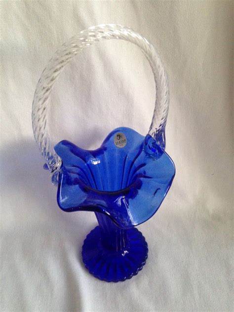 Vintage Fenton Blue Glass Basket Vase W Clear Glass Handle Etsy