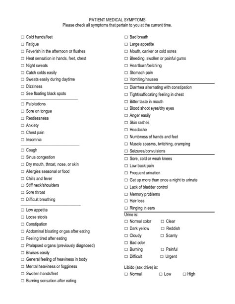 Patient Medical Symptoms Checklist Template Download Printable Pdf