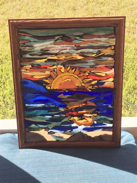 Stained Glass Window Panel Sunset Over The Water