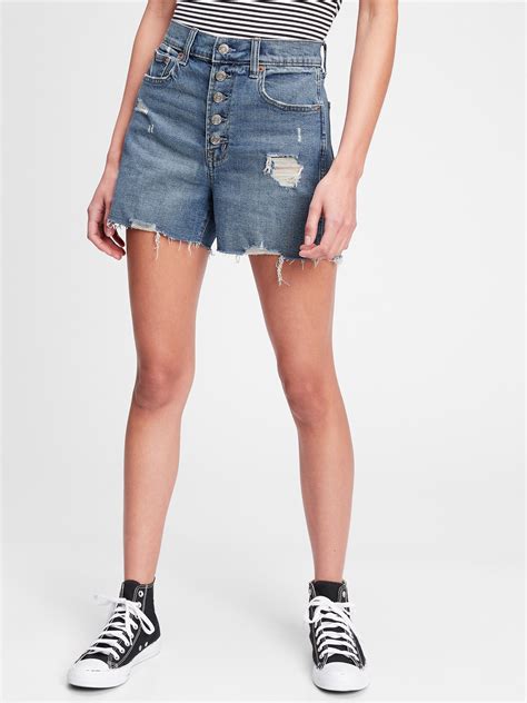 35 High Rise Button Fly Destructed Denim Shorts With Washwell Gap