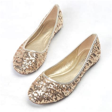 Sequin Champagne Gold Ballet Flats Slippers Shoes Round Toe Party Flats