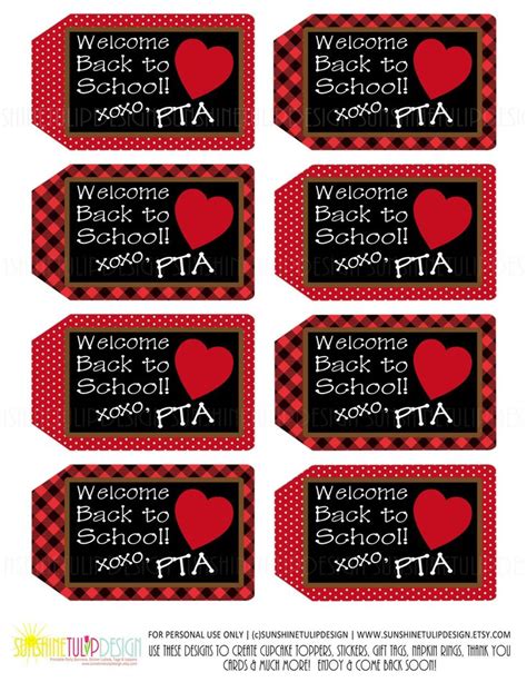 Printable Welcome Back To School Tags With Hearts And Checkered Pattern