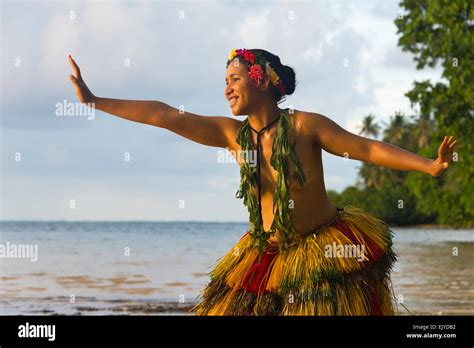 Yapese Girl In Grass Skirt Dancing By The Ocean Yap Island Federated