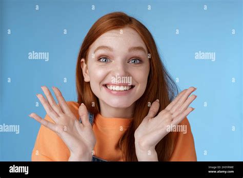 Happy Rejoicing Emotional Young Smiling Redhead Girl Blue Eyes Getting