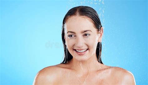 Water Shower And Happy Woman Washing In Studio For Skincare Wellness