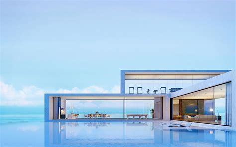 Modern Luxury Pool Villa With Sea View Background3d Rendering 8029048