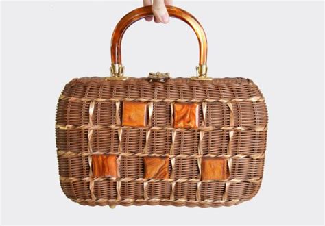 Vintage 60s Wicker Lucite Basket Purse 1960s Brown Basket Weave Bag