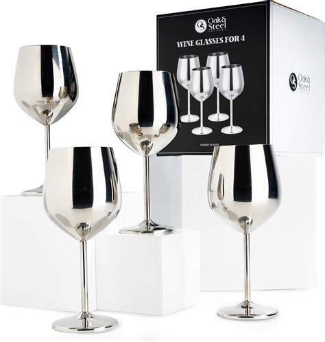 Oak And Steel 4 Elegant Silver Steel Wine Glasses T Set 540ml