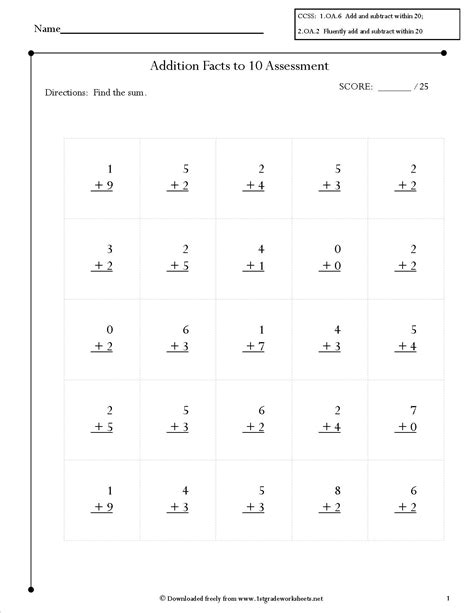 Free Math Addition Facts Worksheets Printable