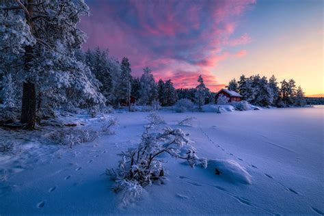 Winter Sunset Over Cabins