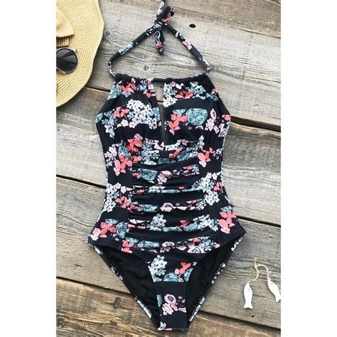 Cupshe Ice Shards Shirring One Piece Swimsuit 25 Liked On Polyvore Featuring Swimwear One