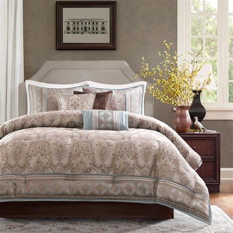 Five queens court palmer damask comforter set. Taupe Brown Blue Medallion Damask Border 7 pc Comforter ...