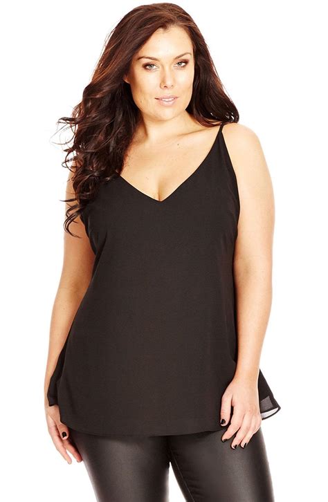 City Chic Double Layer V Neck Camisole Top In Black Modesens