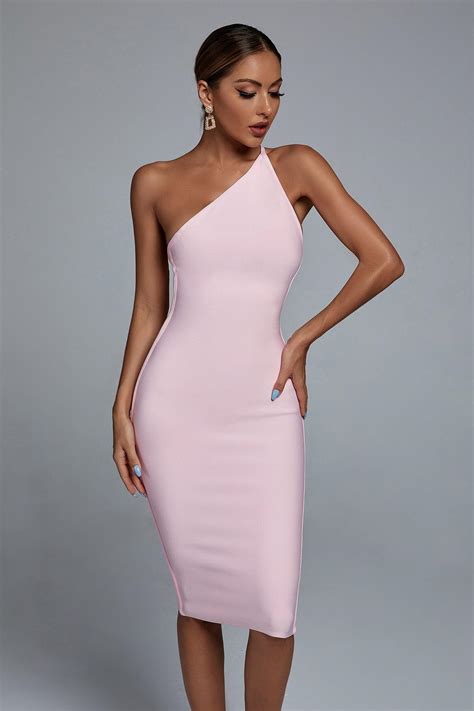 One Shoulder Dress Midi Dress Pink Bandage Dress Bellabarnett