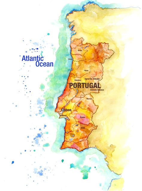 Physical map of portugal showing major cities, terrain, national parks, rivers, and surrounding countries with international borders and outline maps. Handpainted Map of Portugal | Portugal map, Map, Portugal