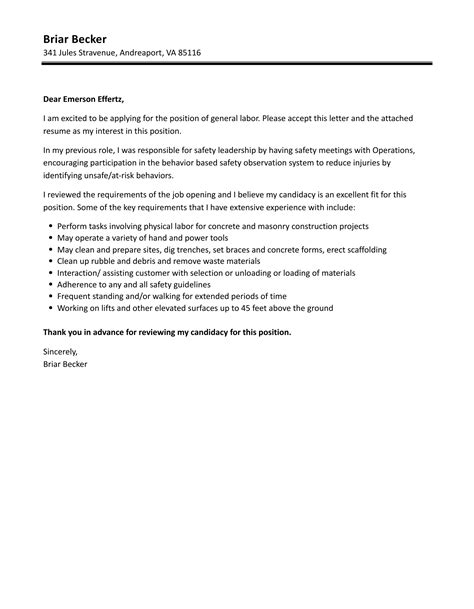 General Labor Cover Letter | Velvet Jobs