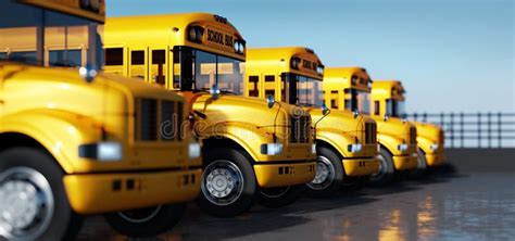 Flota De Autobuses Escolares Amarillos En Estacionamiento Imagen De