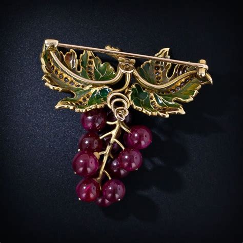 Art Nouveau Plique A Jour Enamel Ruby Diamond Gold Grape Cluster Brooch