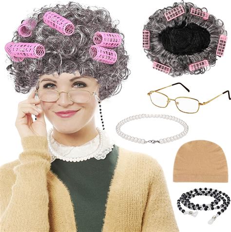 old lady costume set old lady wig set granny wig cap with hair rollers grandma glasses