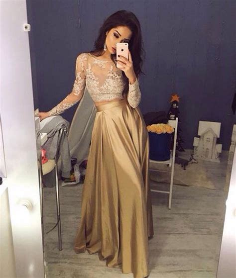 custom made a line round neck long sleeves chiffon lace prom dresses abcprom