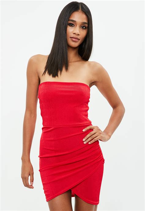 Missguided Synthetic Red Bandeau Ruched Side Bodycon Dress Lyst