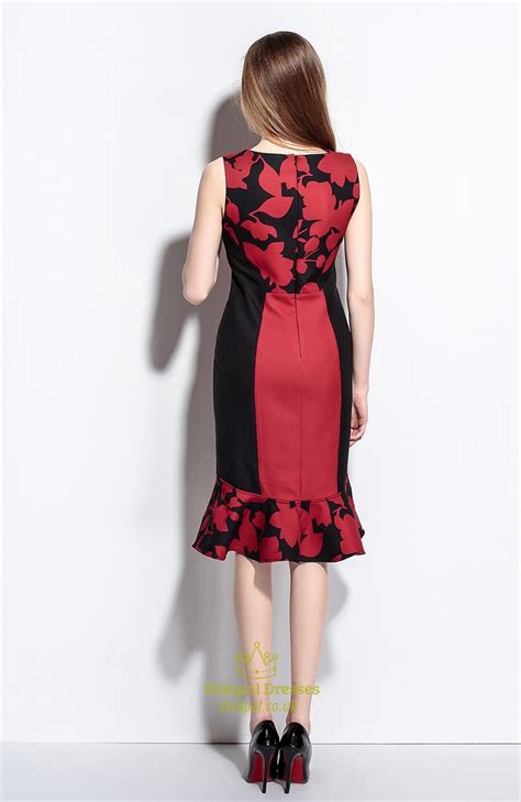 Black And Red V Neck Sleeveless Floral Print Sheath Dress Vampal Dresses