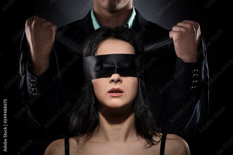 Couple Love Kiss Sexy Blindfolded Woman And Elegant Man In Suit Photos
