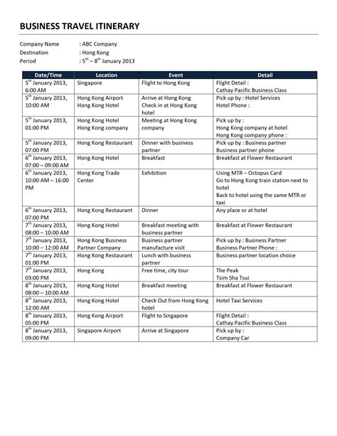 Business Travel Itinerary Template