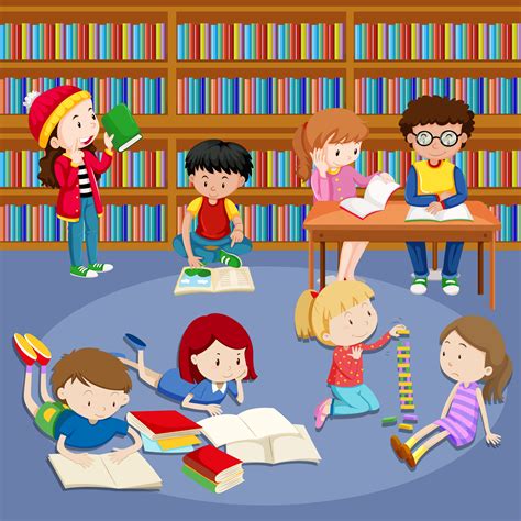 Many Kids Reading Books In Library 300516 Vector Art At Vecteezy