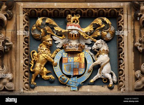 The royal Lion and Unicorn coat of arms adorns the Tower of the Five