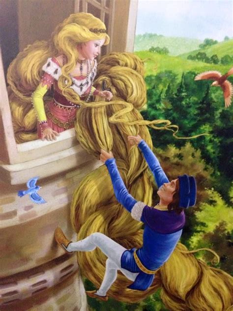rapunzel and her handsome prince from her tall tower with her long golden hair
