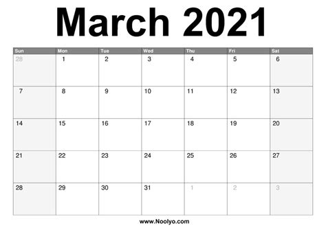 Free printable march 2021 calendar. March 2021 Calendar Printable - Free Download - Noolyo.com