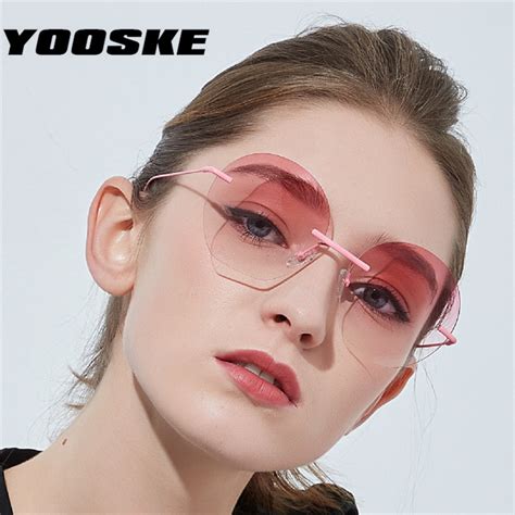 Yooske Rimless Sunglasses Women Retro Round Sun Glasses Luxury Brand Designer Frameless Pink