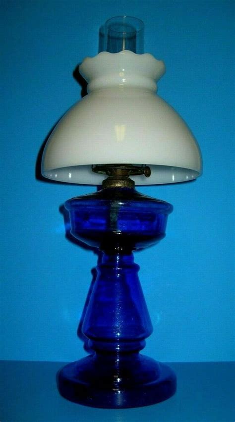 ANTIQUE COBALT BLUE BLOWN GLASS OIL LAMP W CHIMNEY MILK GLASS SHADE