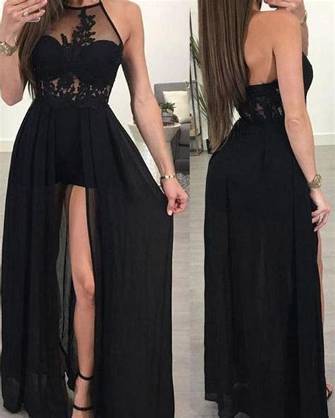 Halter High Low Appliques Lace Chiffon Black Prom Dresses Long Pl1201 Prom Dresses Long Black