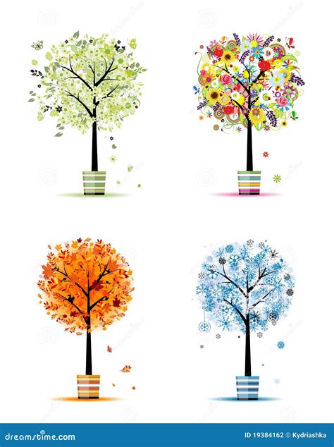 Seasons Spring Summer Autumn Winter Art Trees Stock Vector